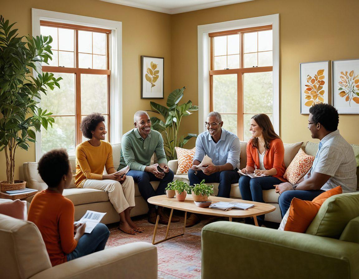 An inviting living room with a warm atmosphere, showcasing diverse families receiving guidance on rental assistance programs from a friendly advisor. Include elements like brochures, warm lighting, and a calendar with important dates highlighted. The background features a cozy home interior with plants and a window showing a sunny day outside. super-realistic. vibrant colors. cozy setting.