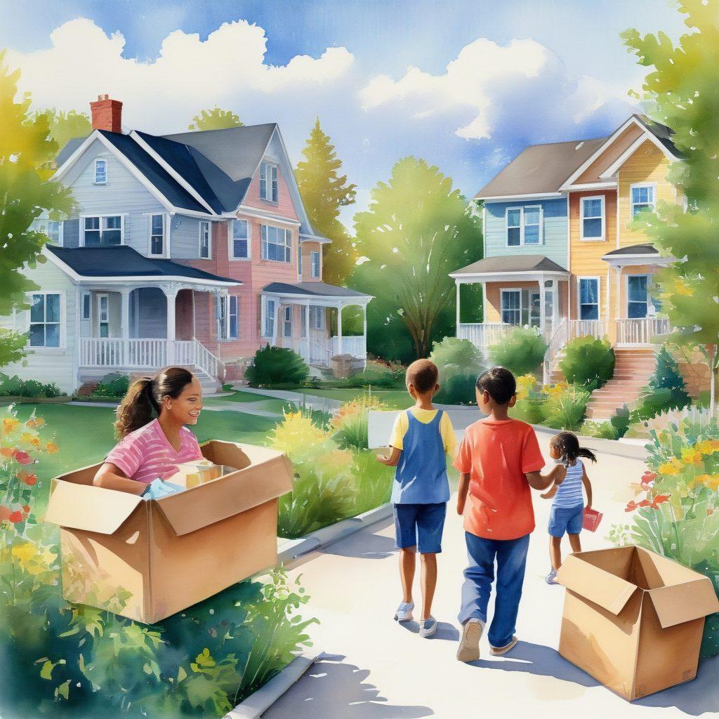 A warm and inviting scene depicting a diverse group of low-income families happily moving into their new homes, with boxes and smiling faces, showcasing the joy brought by housing subsidies. Surrounding them are symbols of community, such as children playing, a cheerful neighborhood backdrop, and supportive figures like social workers offering assistance. The sky is bright and hopeful, representing a new beginning. watercolor painting. vibrant colors. soft focus.