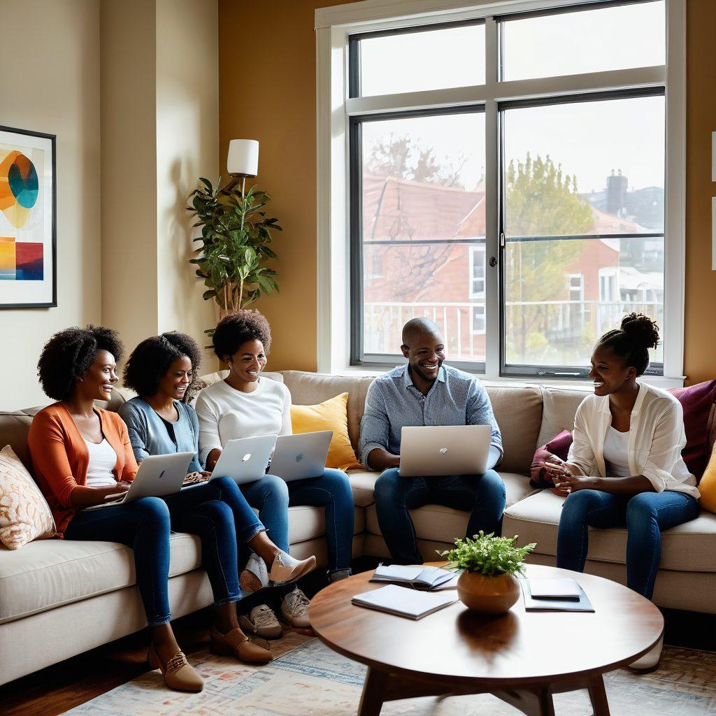 An inviting living room filled with comfortable furniture, showcasing a diverse group of individuals discussing housing options over a laptop. Include elements like a friendly real estate agent, colorful charts displaying rental assistance, and a warm, sunlight-filled window view of affordable homes outside. Create a sense of community and hope. super-realistic. vibrant colors. welcoming atmosphere.